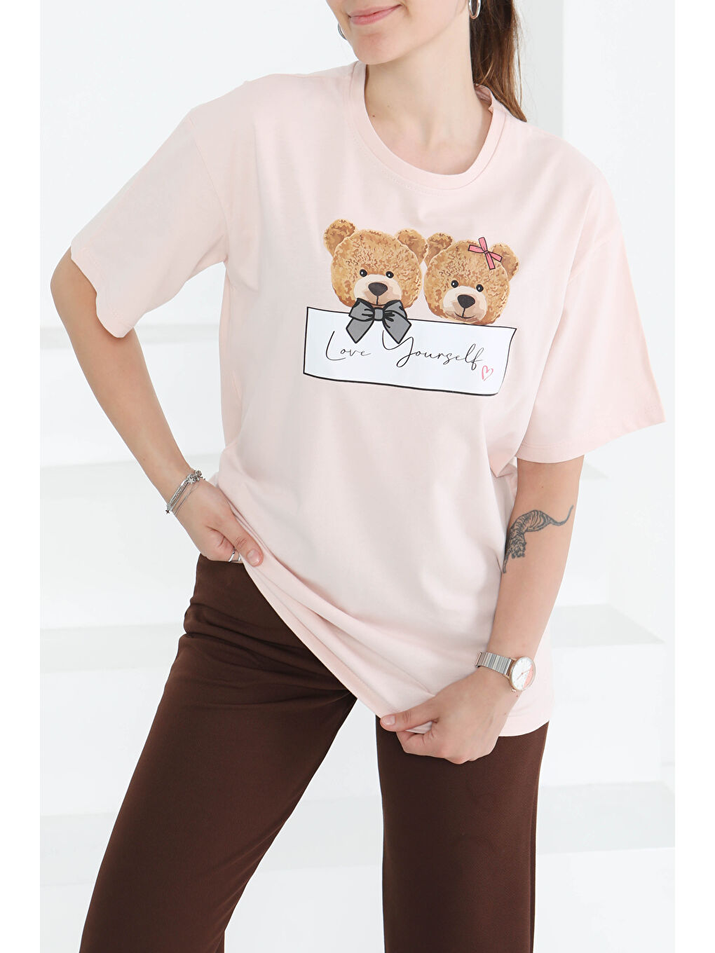 Pembe Baskılı Kısa Kollu T-Şhirt Pudra - 27348-1