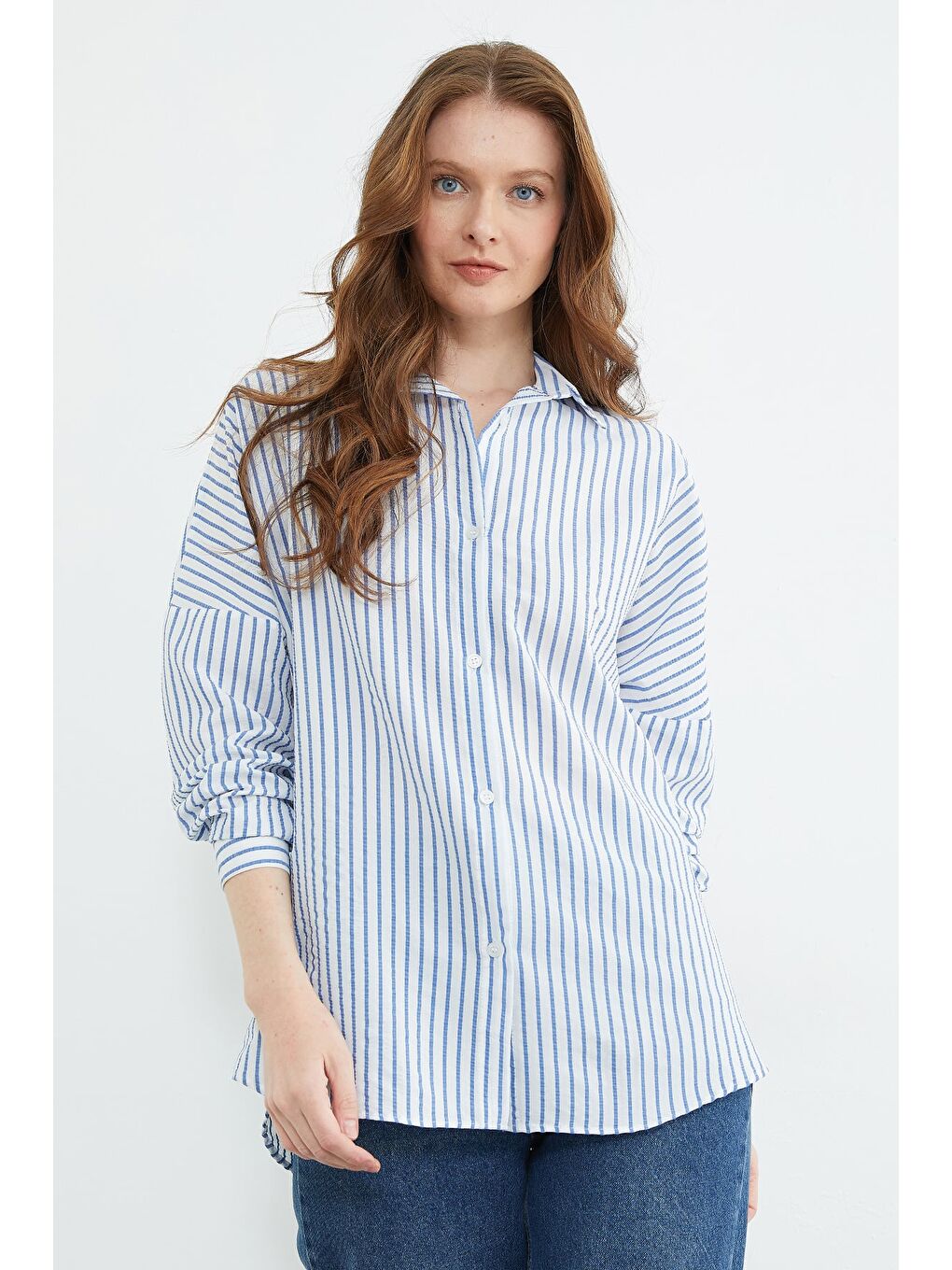 Mavi Çizgili Oversize Gömlek-3