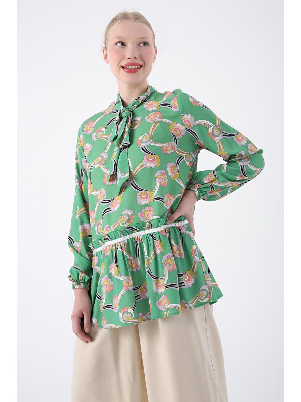 Yeşil-Lila-Yakası Fularlı Desenli Viskon Tunik-4