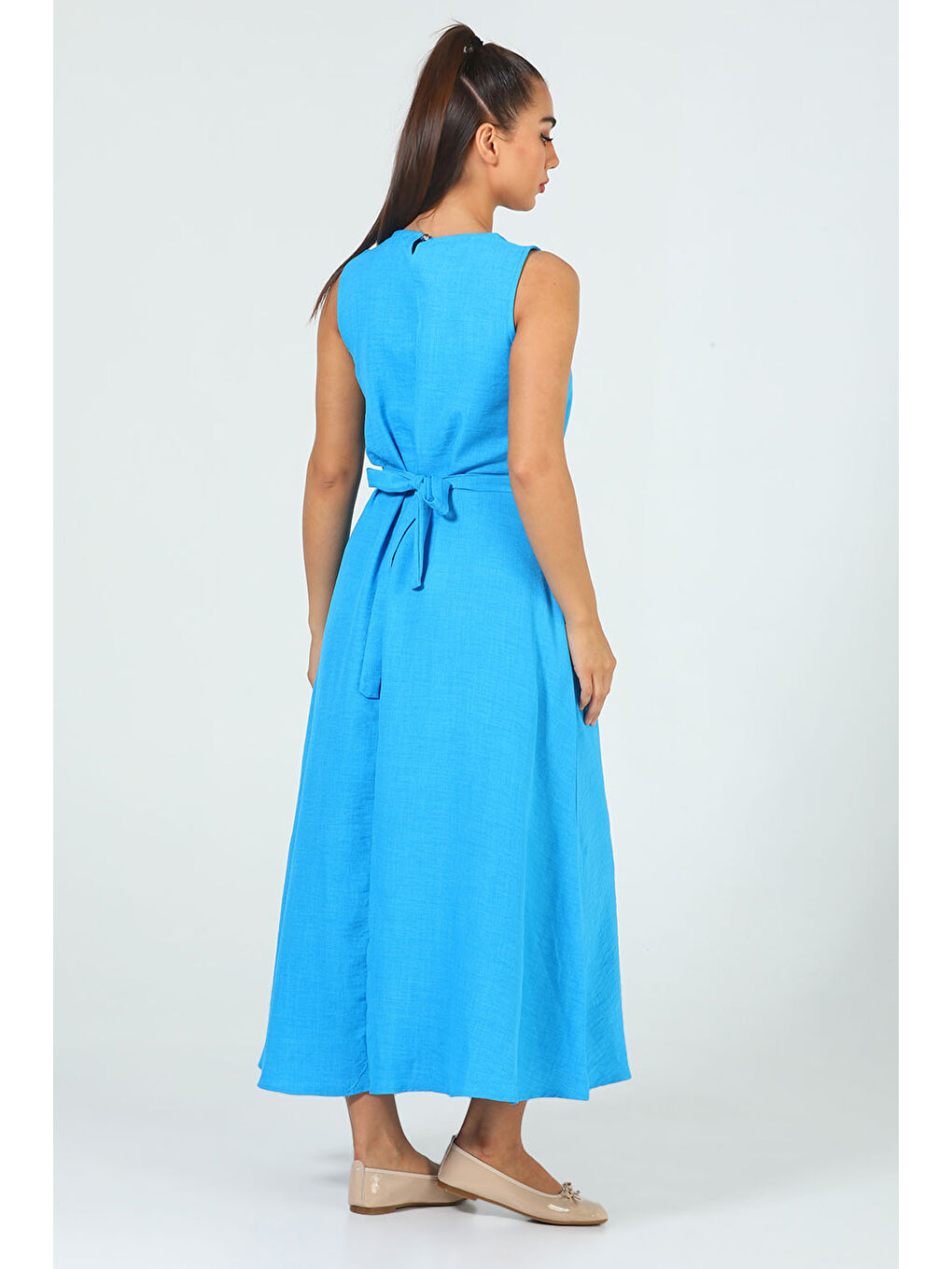 Mavi Kadın Bisiklet Yaka Cep Detaylı Bel Kuşaklı Uzun Elbise-5