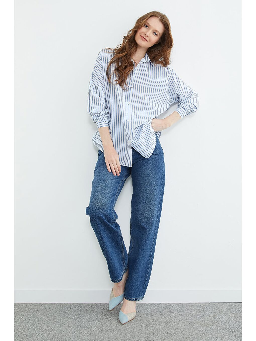 Mavi Çizgili Oversize Gömlek-4