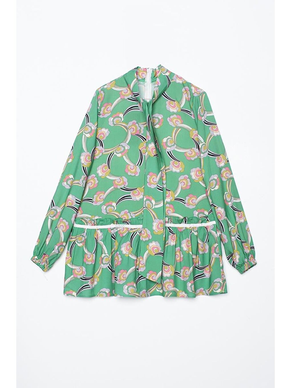 Yeşil-Lila-Yakası Fularlı Desenli Viskon Tunik-6