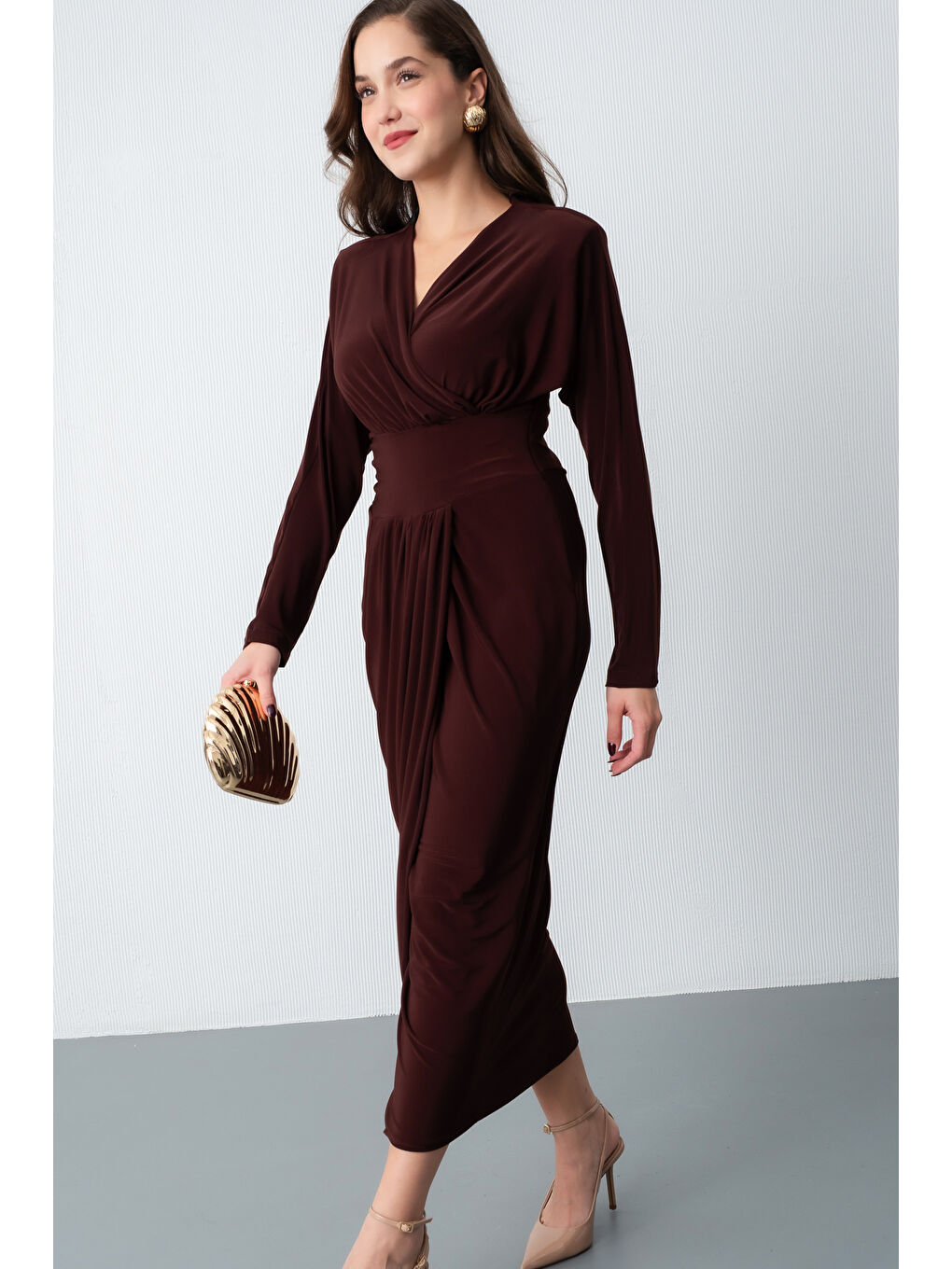 Kadın Kahverengi V Yaka Midi Elbise-1