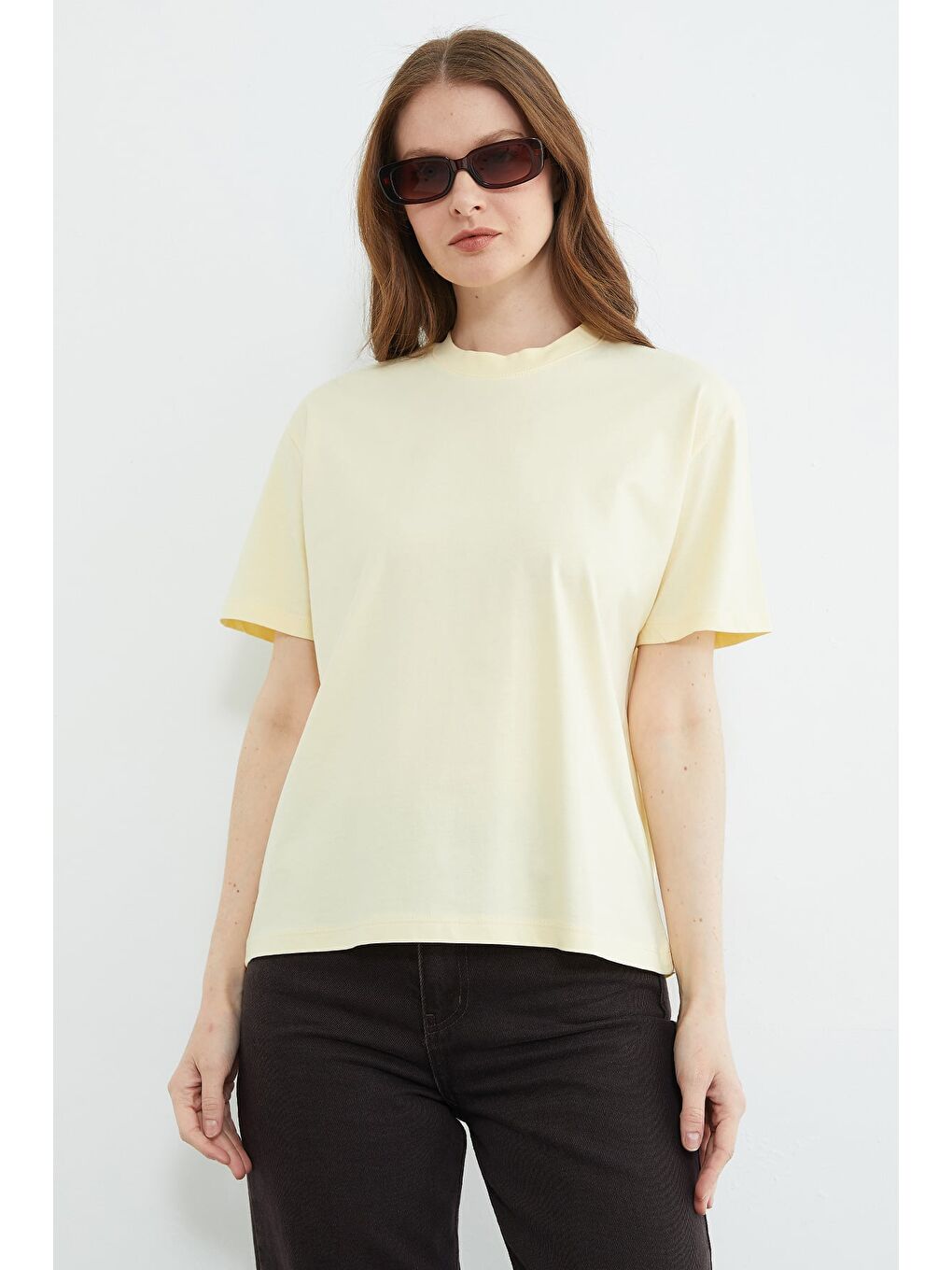 Sarı Basic Bisiklet Yaka Oversize Tişört