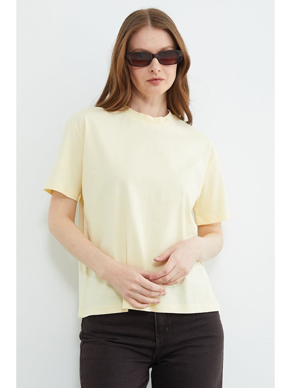 Sarı Basic Bisiklet Yaka Oversize Tişört-1