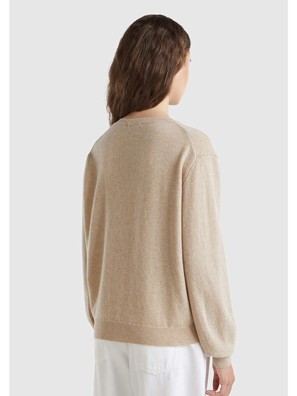 Kadın Ekru %100 Merino Ribana Detaylı Bisiklet Yaka Kazak-2