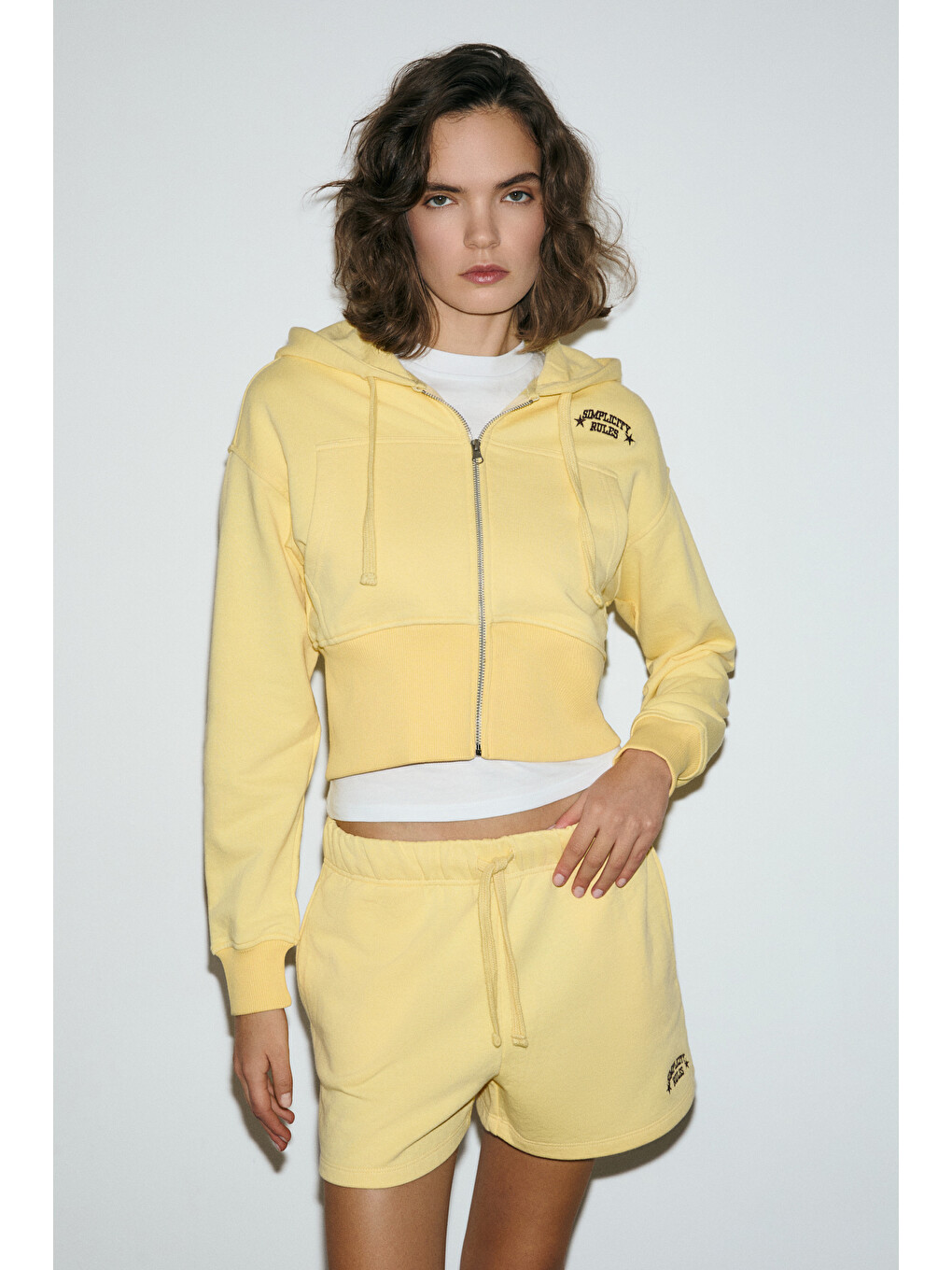 Elara Kadın Metal Fermuarlı Nakışlı Kapüşonlu Crop Sarı Sweatshirt-3