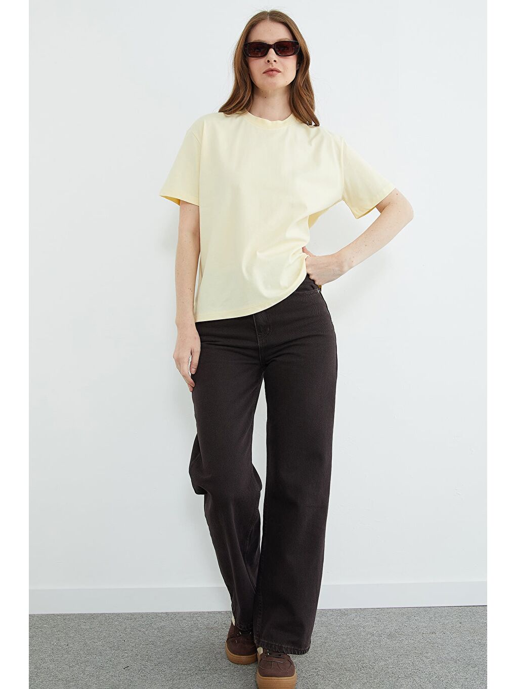 Sarı Basic Bisiklet Yaka Oversize Tişört-2