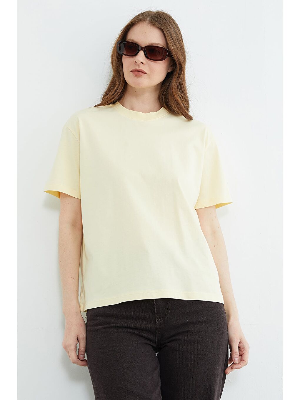 Sarı Basic Bisiklet Yaka Oversize Tişört-3