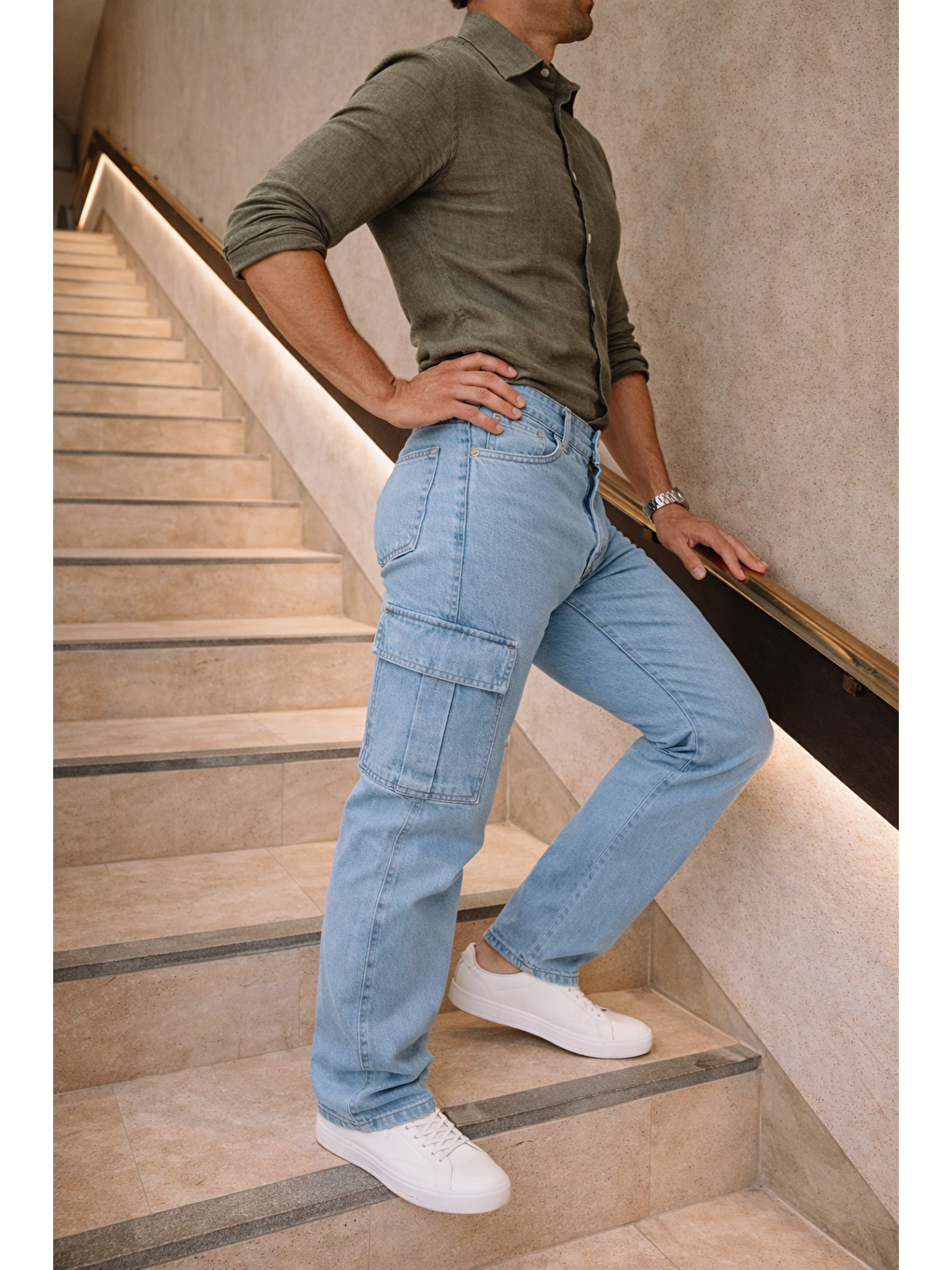 Erkek Yüksek Bel Bol Paça B.Mavi Kargo Baggy Pantolon-4