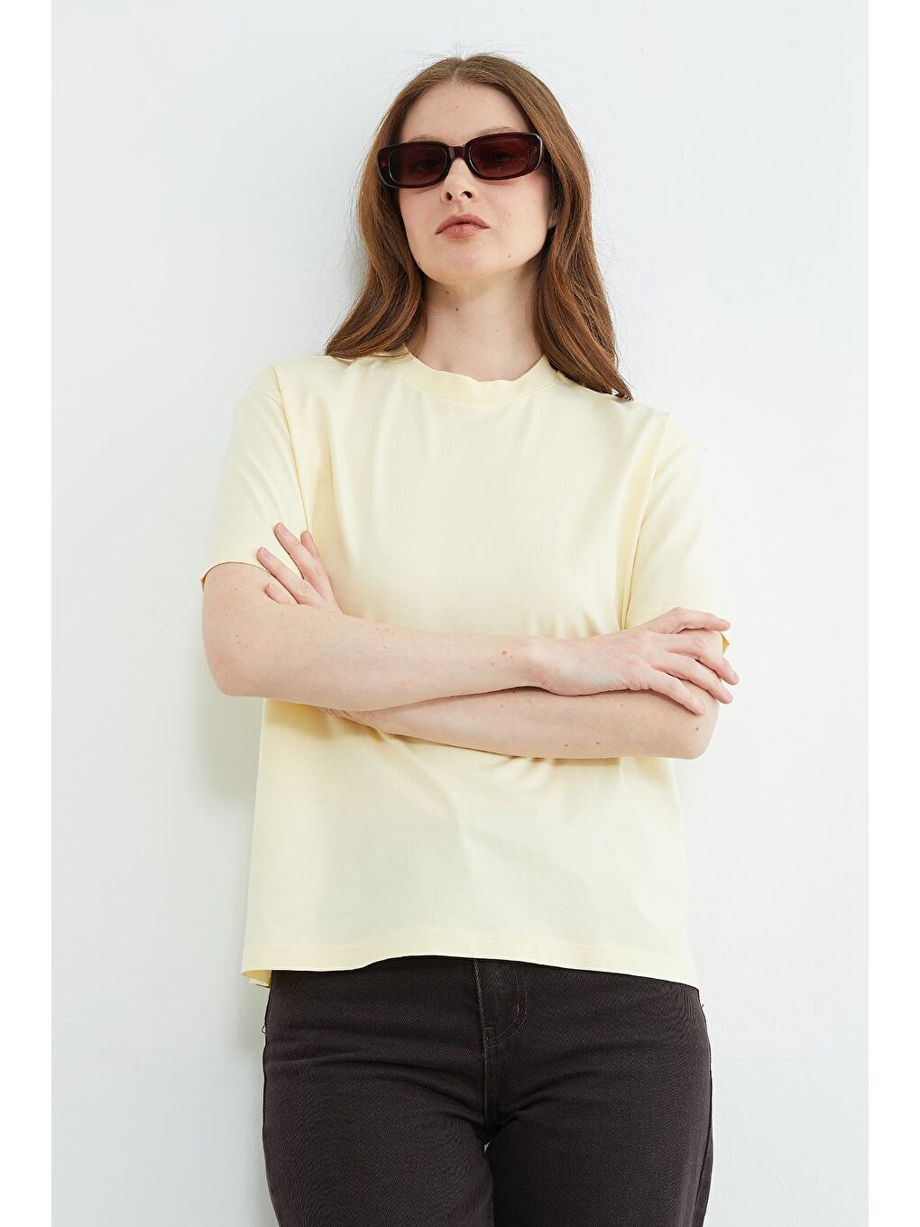 Sarı Basic Bisiklet Yaka Oversize Tişört-4