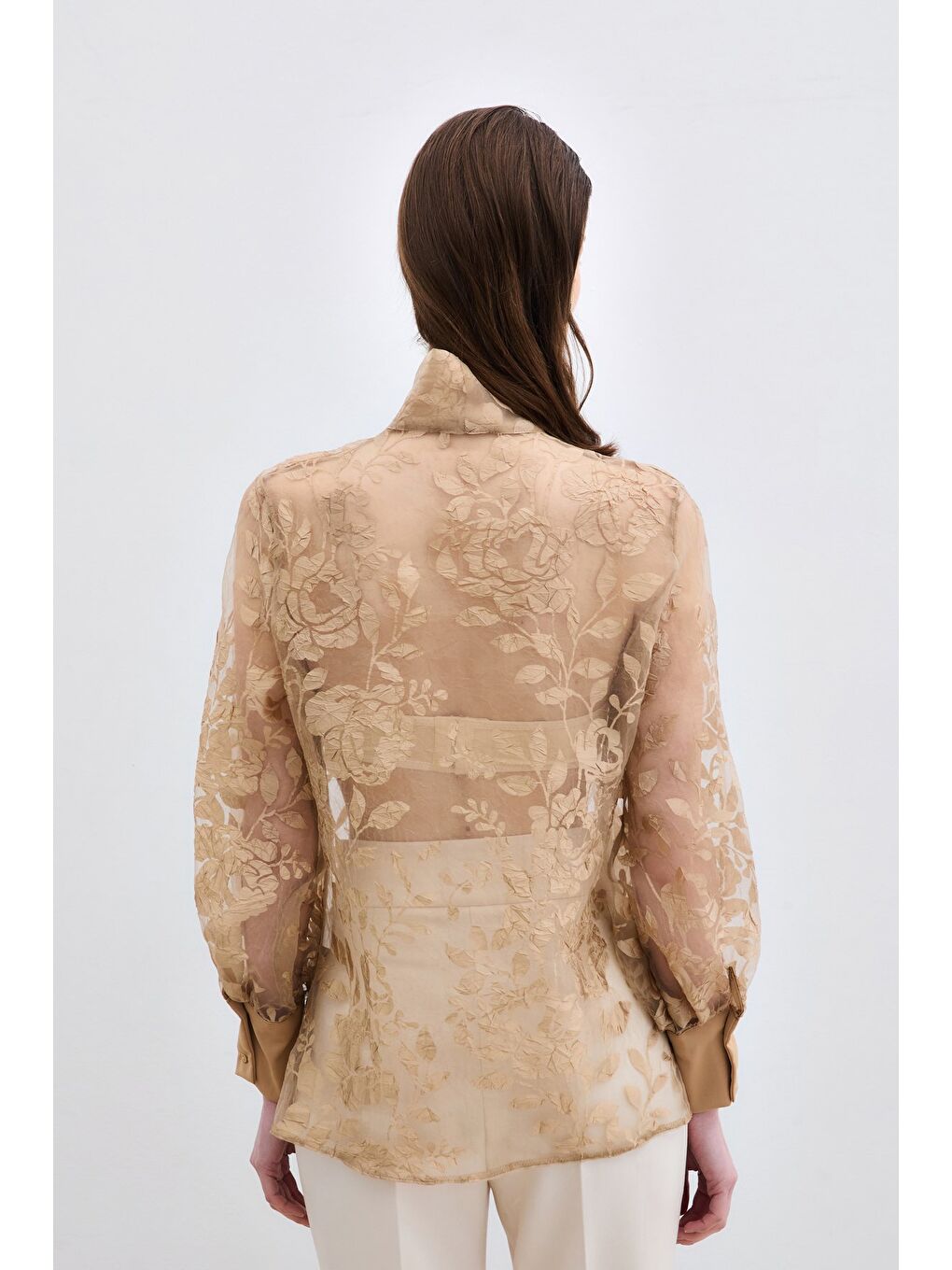 Fularlı Çiçek Desenli Gömlek - Bej-5