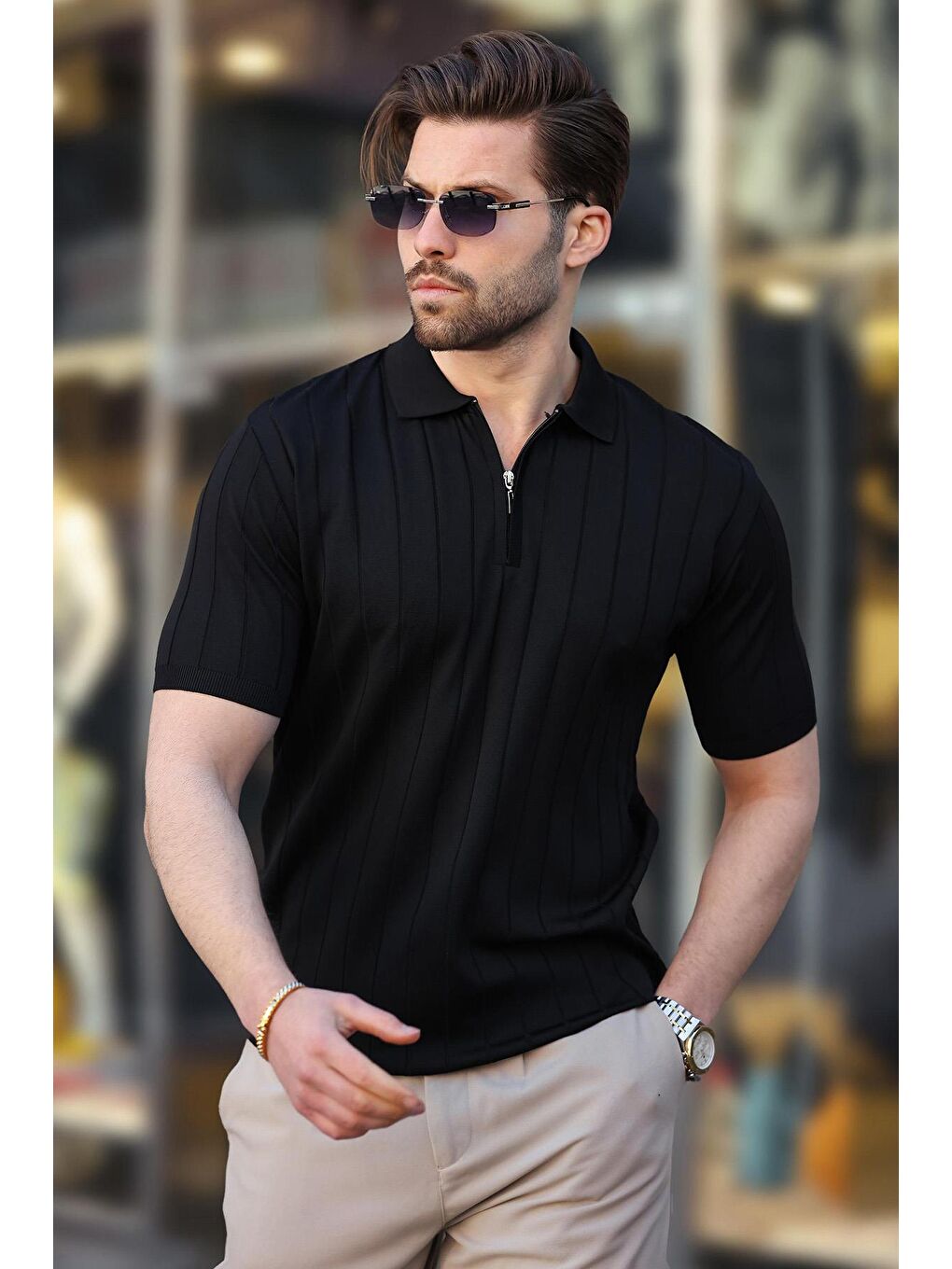 Siyah Polo Yaka Fermuarlı Erkek T-Shirt E7298