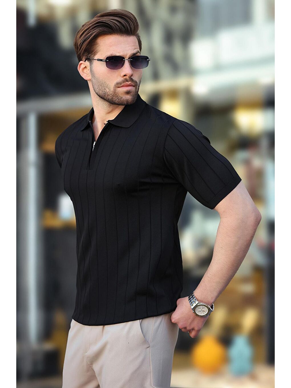 Siyah Polo Yaka Fermuarlı Erkek T-Shirt E7298-1