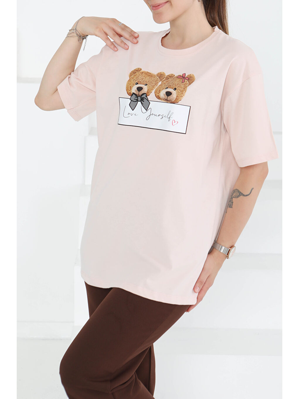 Pembe Baskılı Kısa Kollu T-Şhirt Pudra - 27348-2