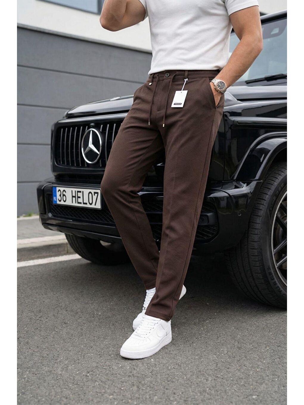 Kahverengi Holl Beli Lastikli ve Bağcıklı Elastanlı Esnek Örme Jogger Pantolon