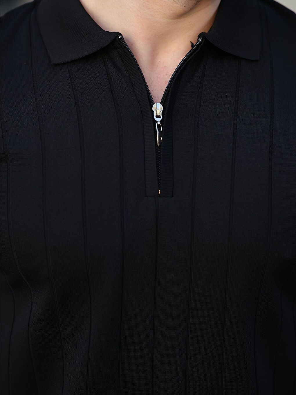 Siyah Polo Yaka Fermuarlı Erkek T-Shirt E7298-2