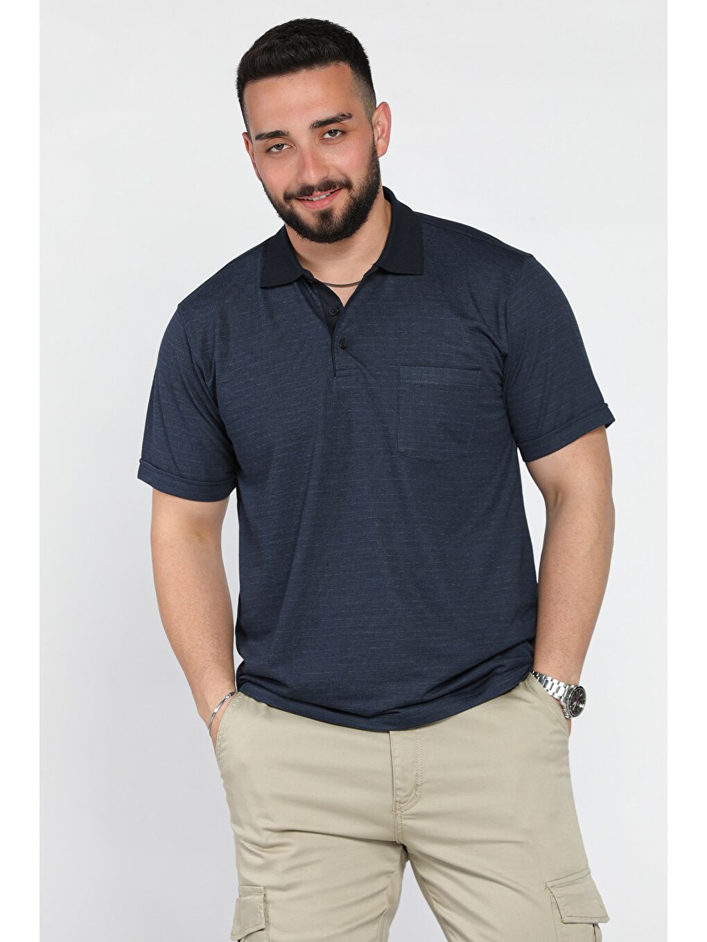 Lacivert Polo Yaka Yarım Düğmeli Cepli Erkek Tişört
