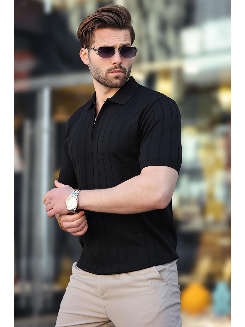 Siyah Polo Yaka Fermuarlı Erkek T-Shirt E7298-3