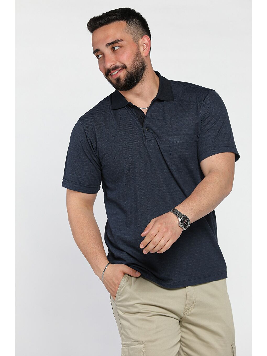 Lacivert Polo Yaka Yarım Düğmeli Cepli Erkek Tişört-1