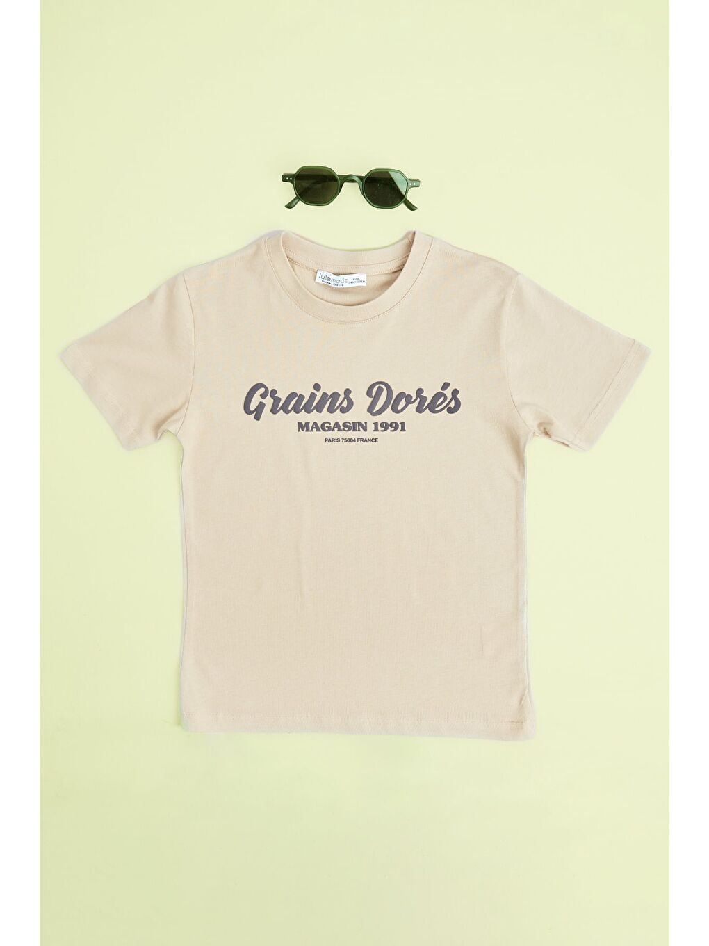 Bej Yazı Baskılı Bisiklet Yaka Erkek Çocuk Tişört