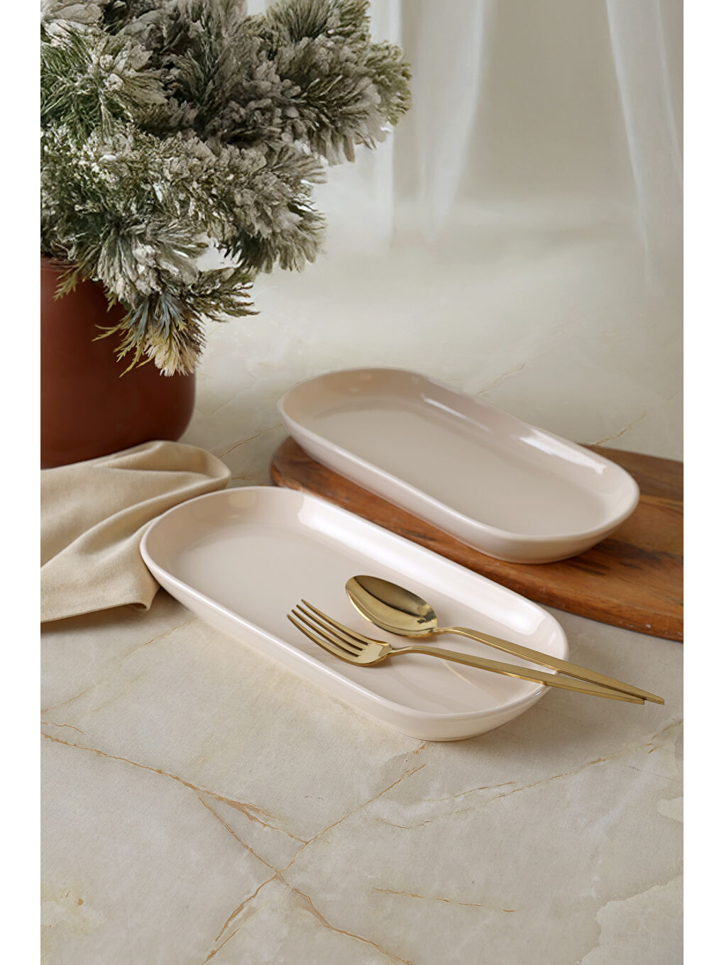 Ekru Krem Noyan Kayık Tabak 28 Cm 2 Adet-5