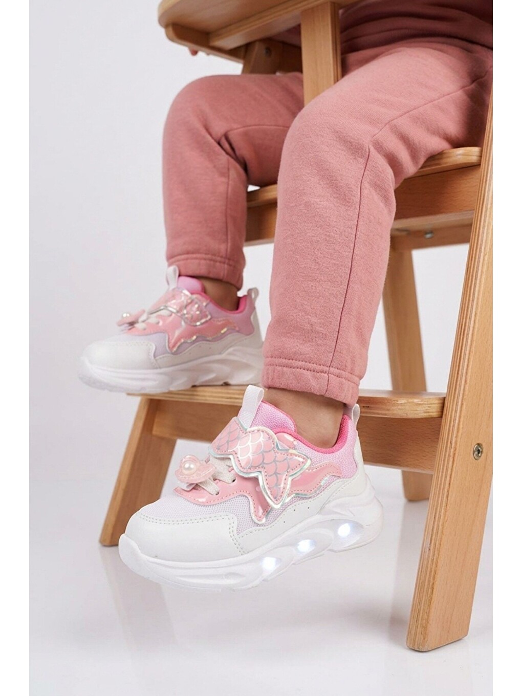 Pembe Pudra Cırtlı Işıklı Desenli Anatomik Bebek Spor Ayakkabı Sneaker Aida B-1