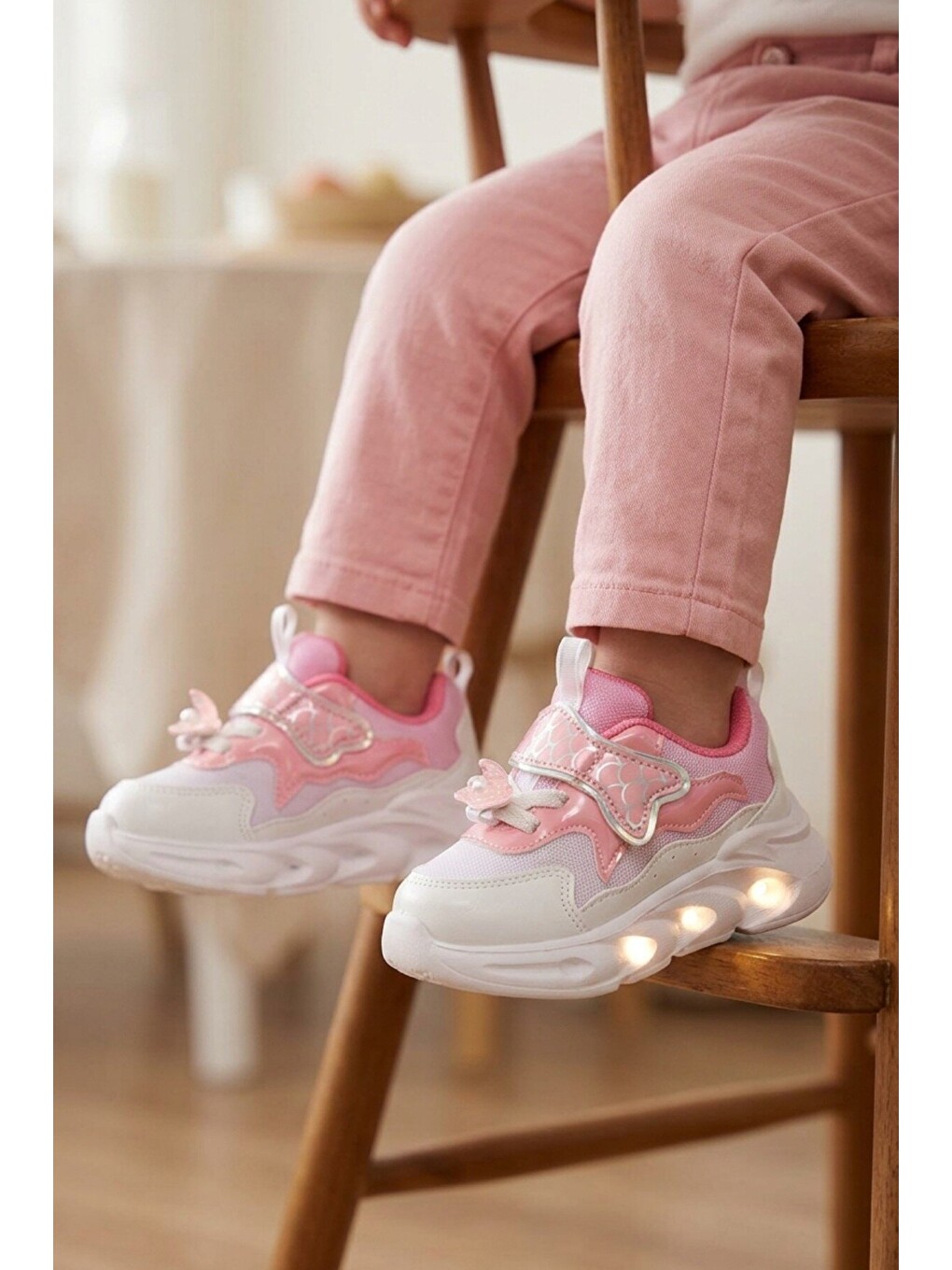 Pembe Pudra Cırtlı Işıklı Desenli Anatomik Bebek Spor Ayakkabı Sneaker Aida B-2