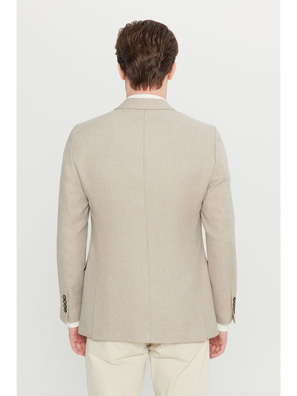 Erkek Bej  Dar Kesim Kırlangıç Yaka Kapak Cepli Armürlü Blazer Ceket-5