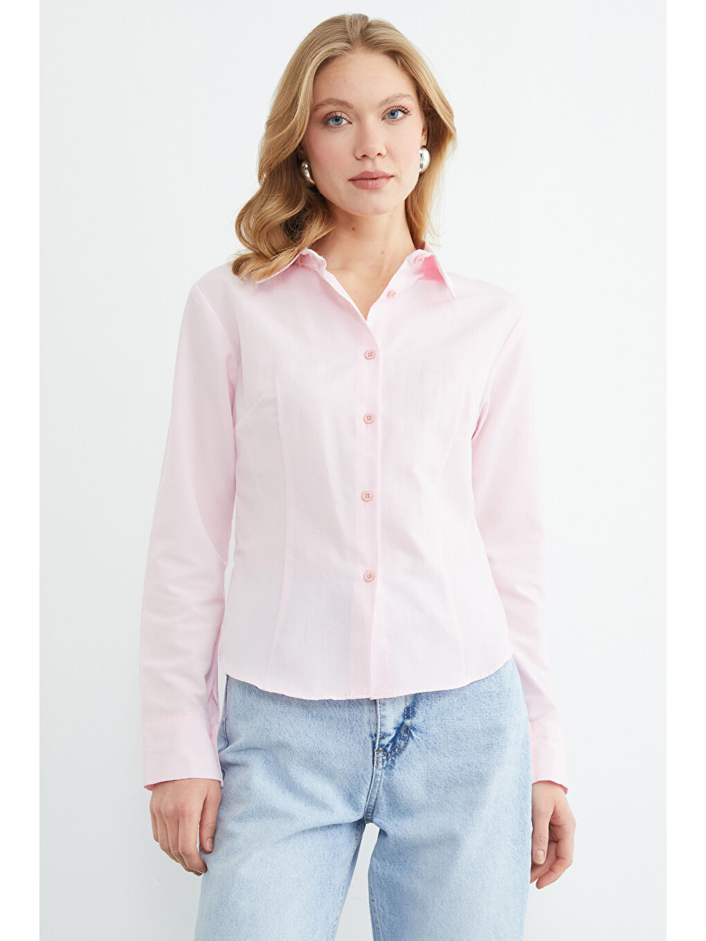 Pembe Basic Pensli Slim Fit Gömlek-1