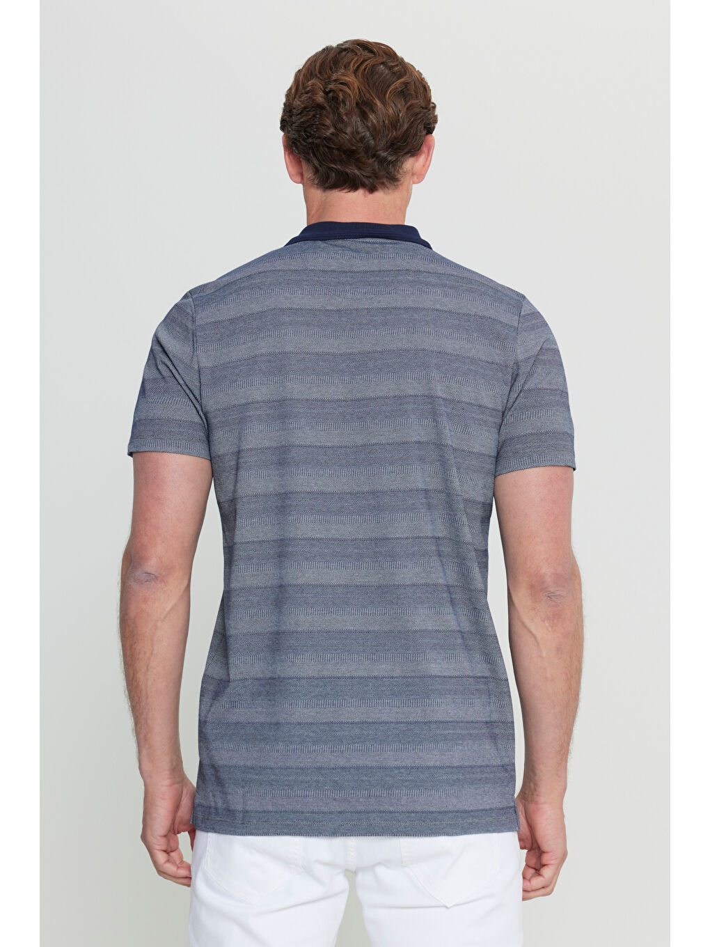 Erkek Lacivert Pamuklu Slim Fit Dar Kesim Polo Yaka Jakarlı Tişört-4