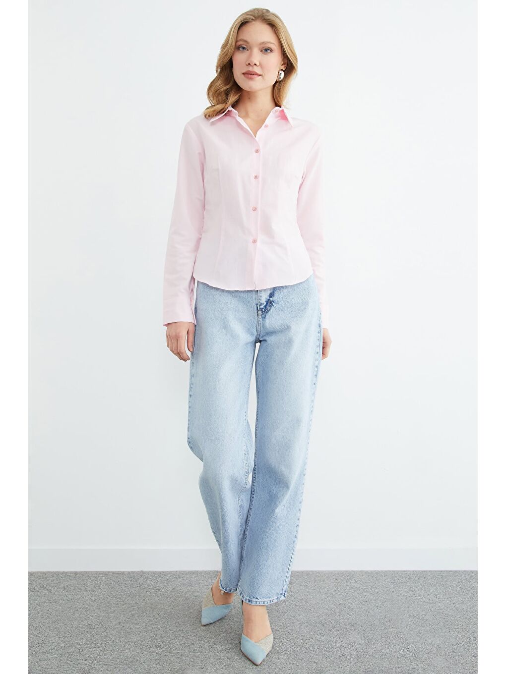 Pembe Basic Pensli Slim Fit Gömlek-3