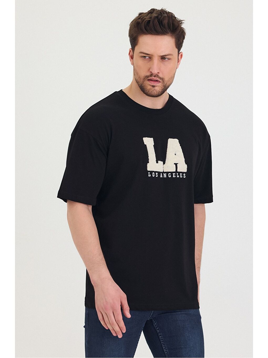 Siyah Bisiklet Yaka LA Baskılı Oversize Salaş Unisex Tişört-2