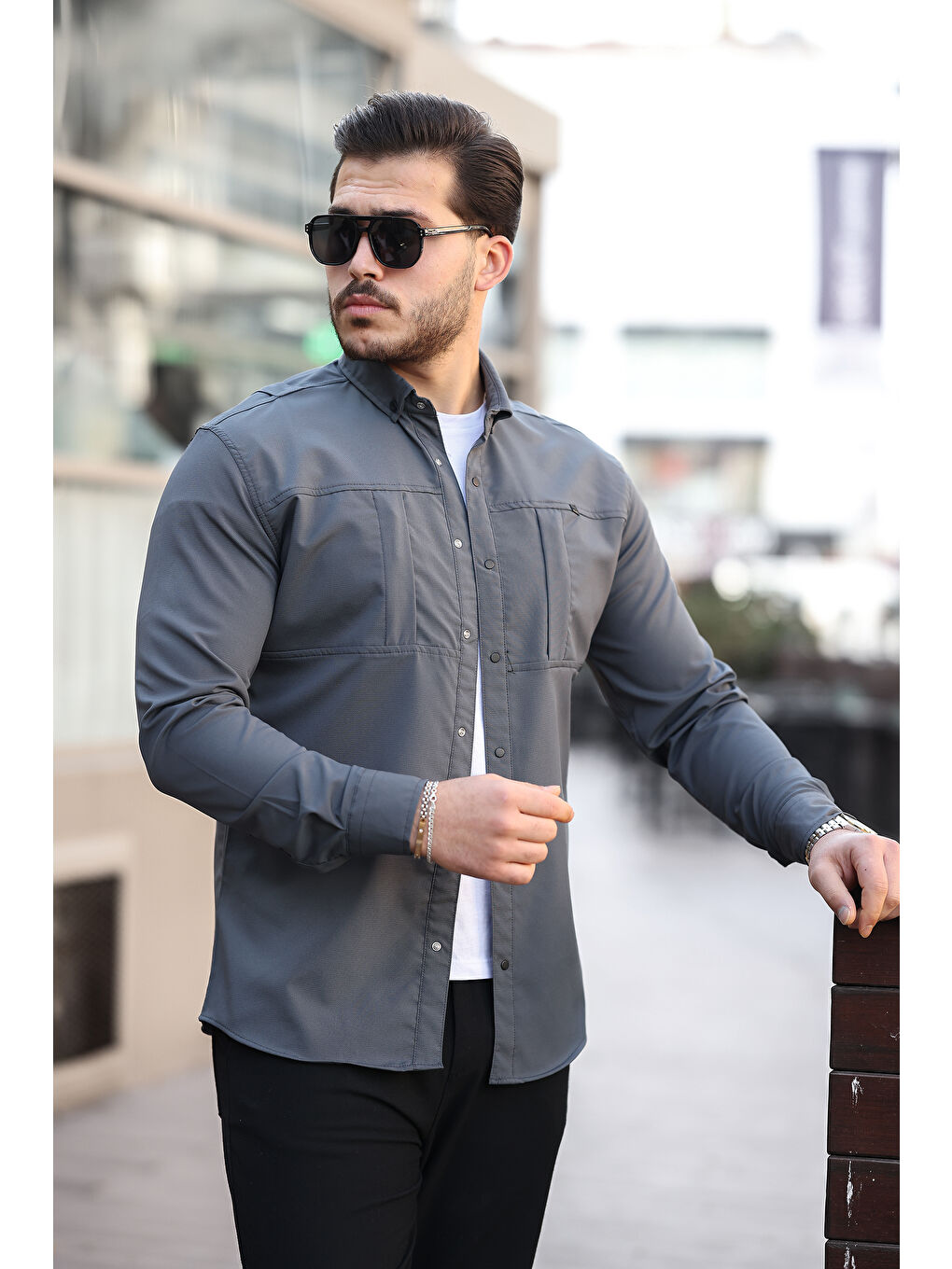 Gri Erkek Gizli Cep Paraşüt Kumaş Gömlek-1