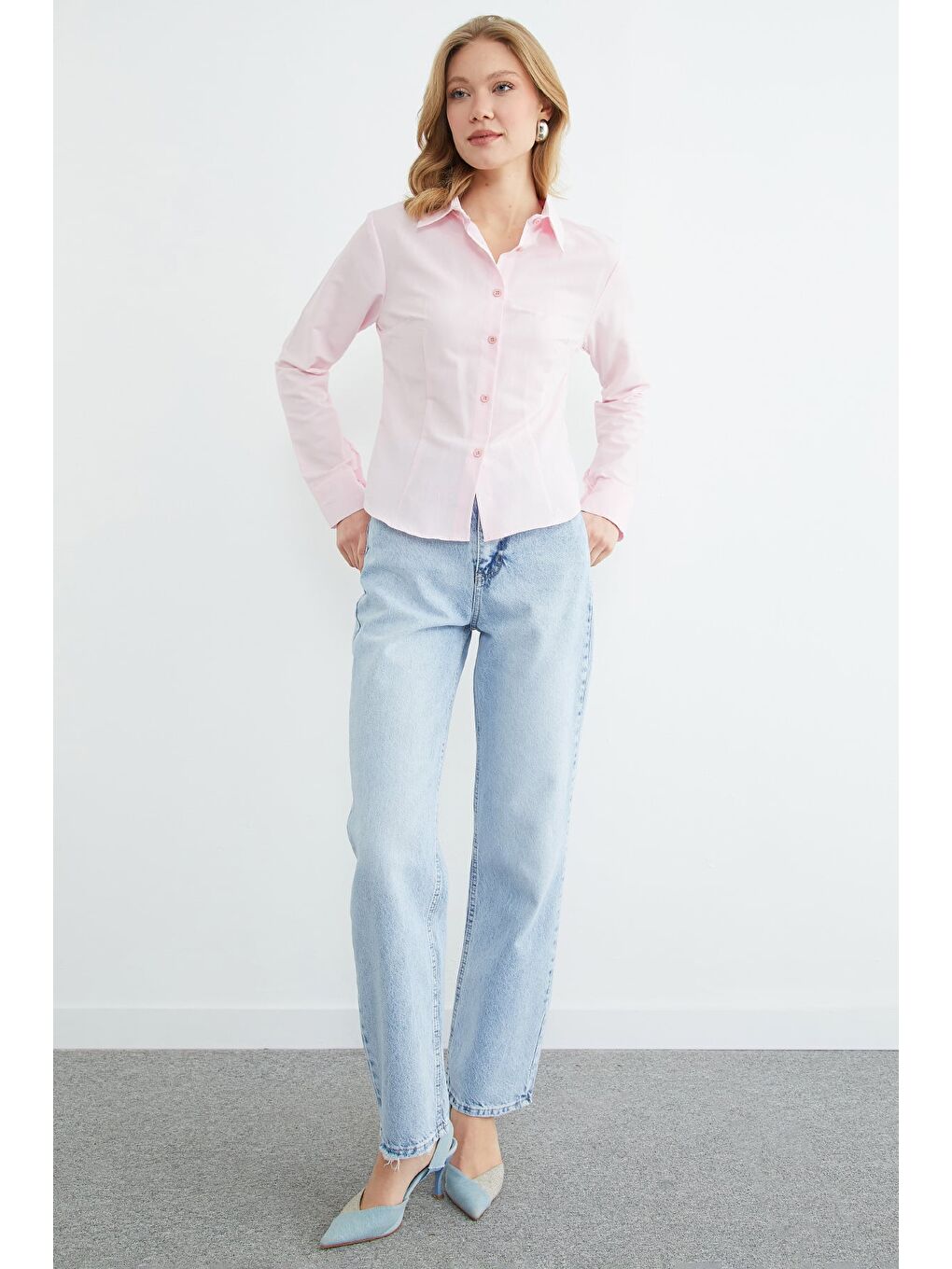 Pembe Basic Pensli Slim Fit Gömlek-4