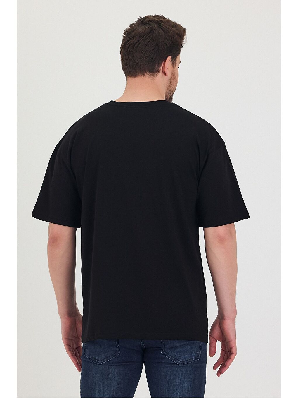 Siyah Bisiklet Yaka LA Baskılı Oversize Salaş Unisex Tişört-5