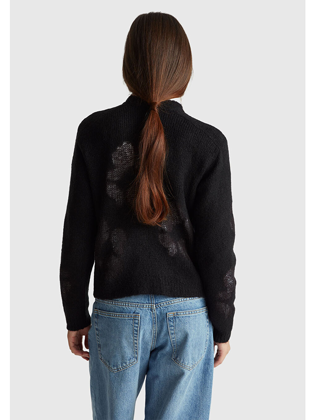 Kadın Siyah Akrilik ve Yün Karışımlı Desenli Bisiklet Yaka Kazak-2