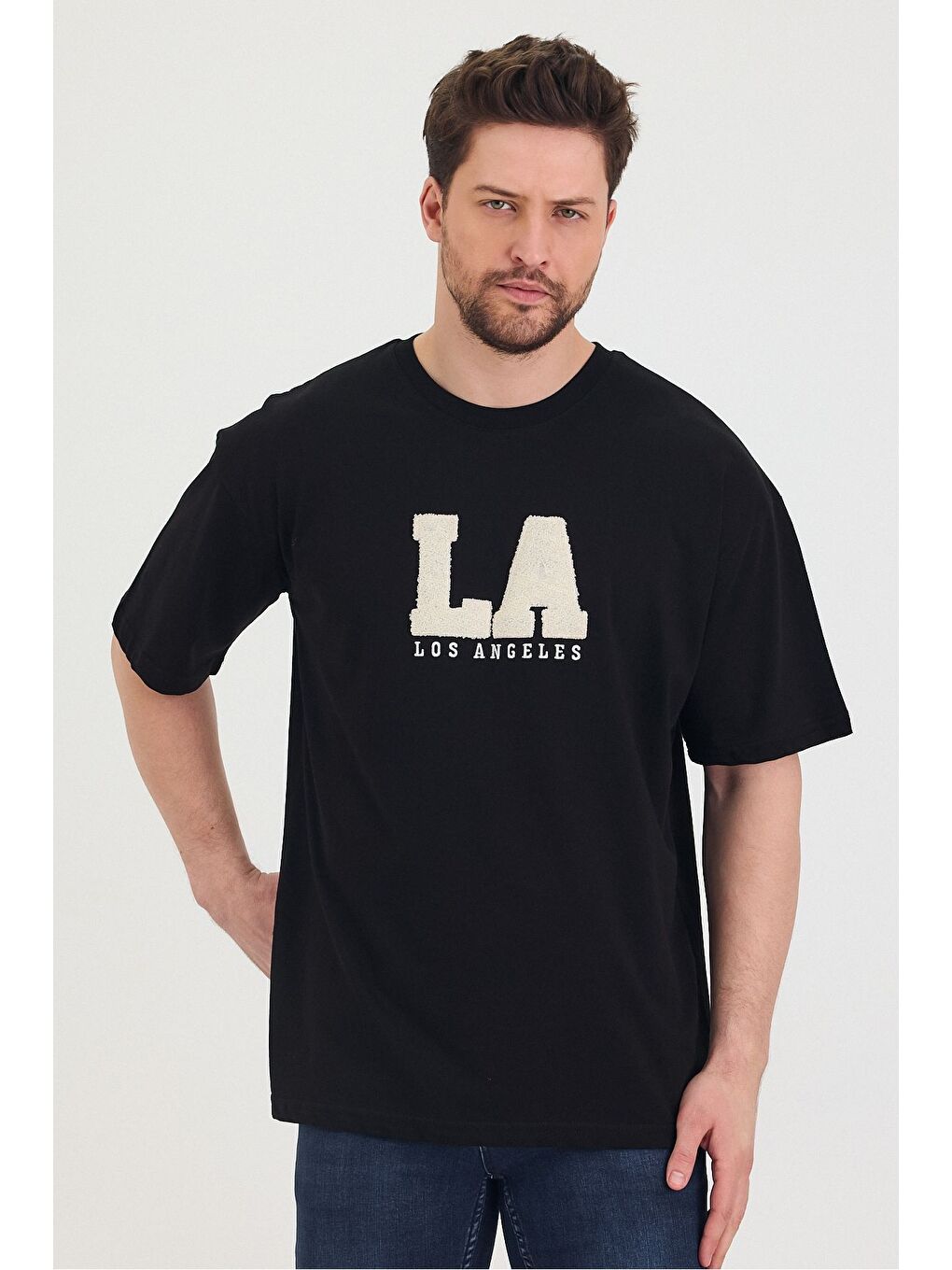 Siyah Bisiklet Yaka LA Baskılı Oversize Salaş Unisex Tişört-6