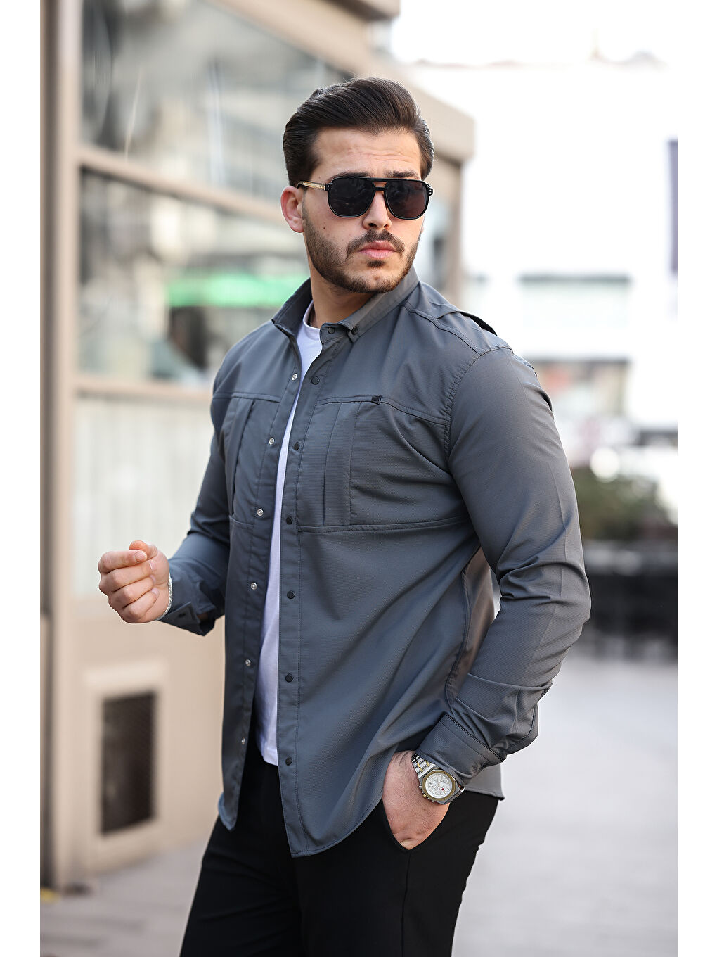 Gri Erkek Gizli Cep Paraşüt Kumaş Gömlek-2