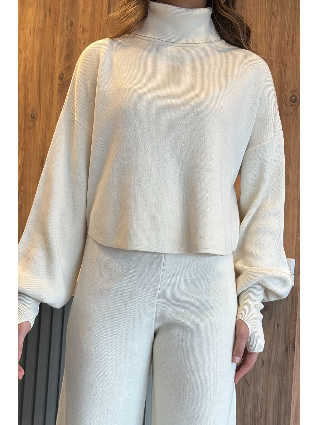 Bej Crop Kazak Pantolon Triko İkili Takım-2