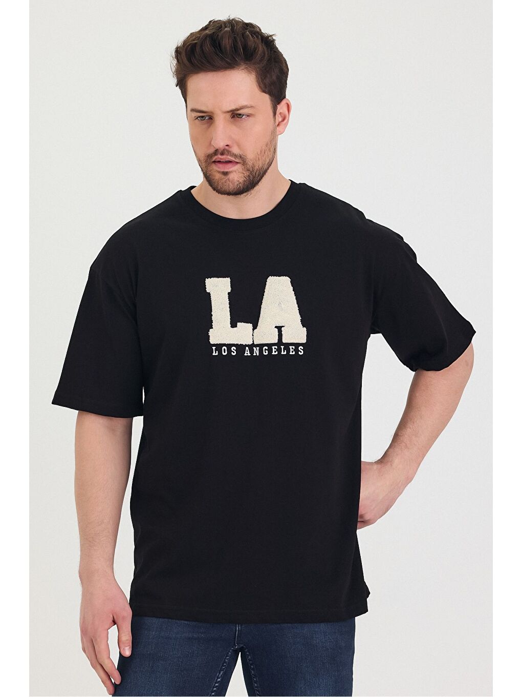 Siyah Bisiklet Yaka LA Baskılı Oversize Salaş Unisex Tişört-7