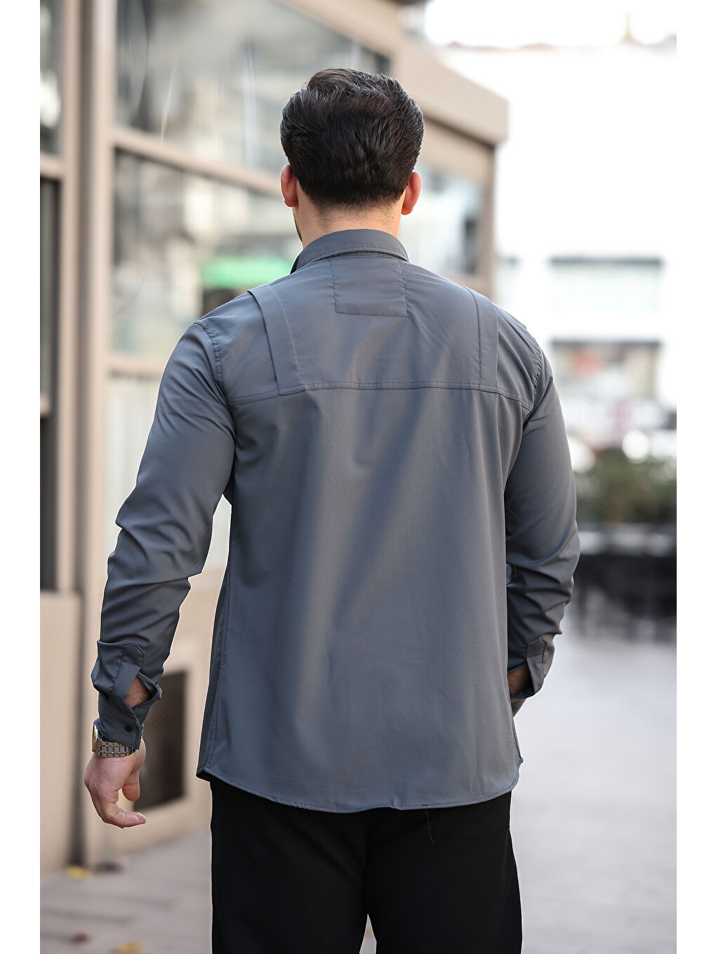 Gri Erkek Gizli Cep Paraşüt Kumaş Gömlek-3