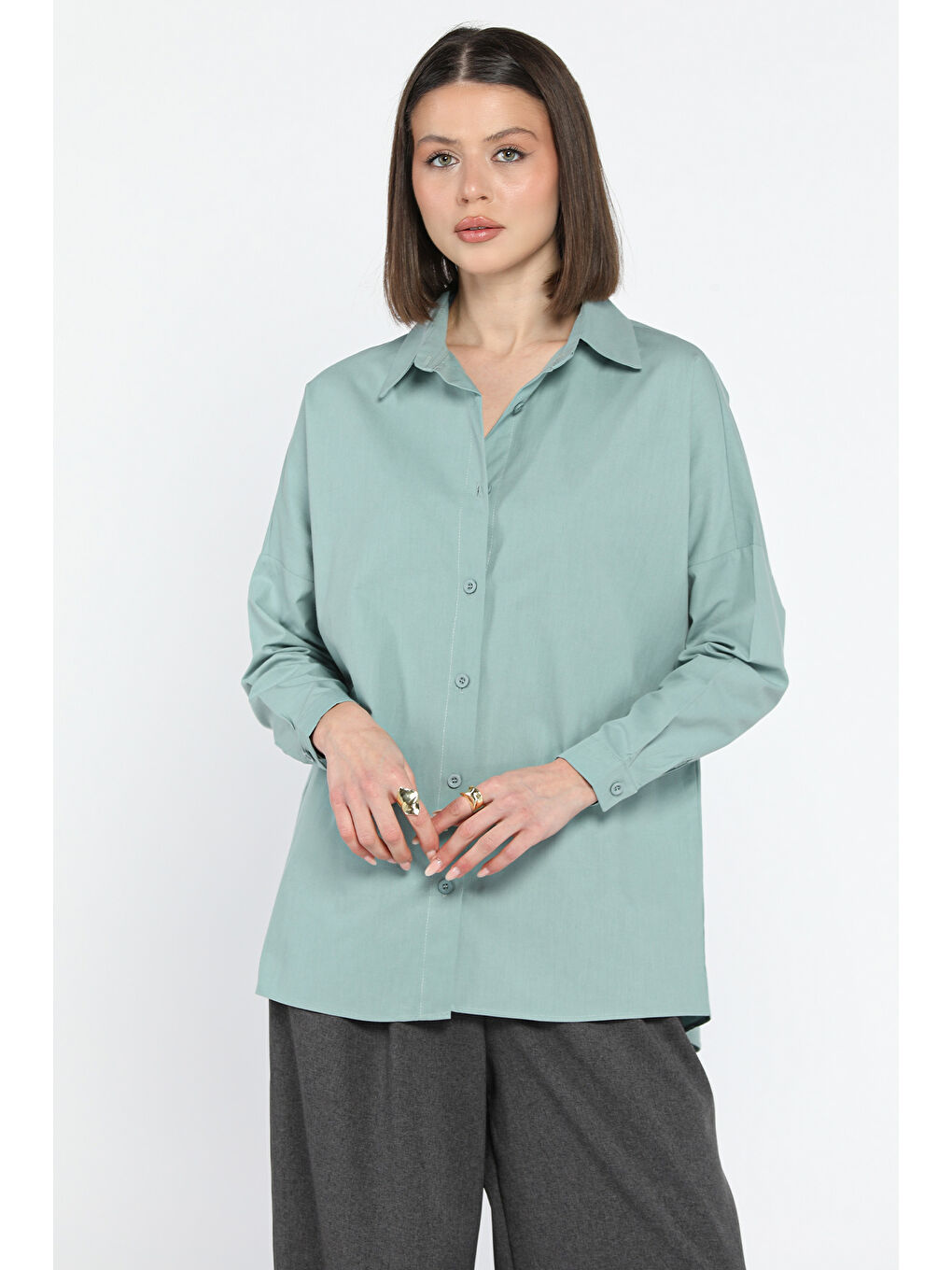 Yeşil Kadın Salaş Basic Gömlek-1