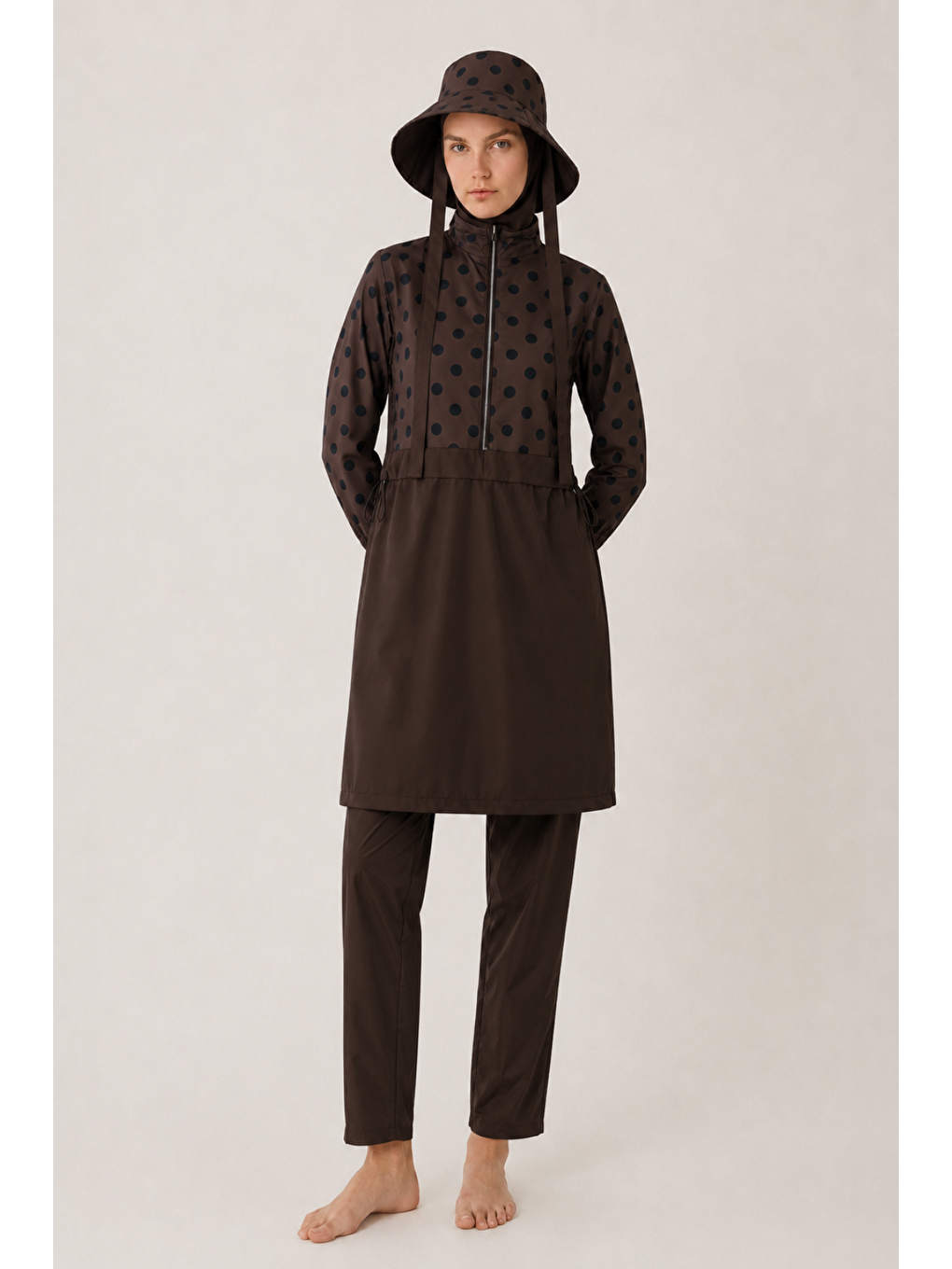 Kahverengi Pearl Dot | Önden Yarım Fermuarlı Yanları Stoperli Siyah Puantiyeli Kahve Tesettür Mayo 5 Li Set-2