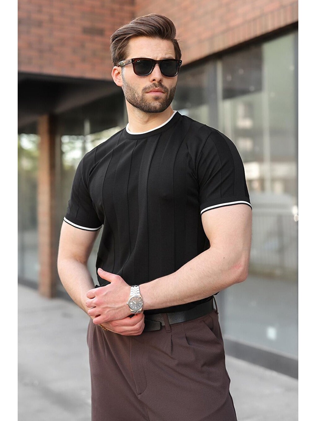 Siyah Bisiklet Yaka Regular Fit Triko Erkek Tişört E7487-2
