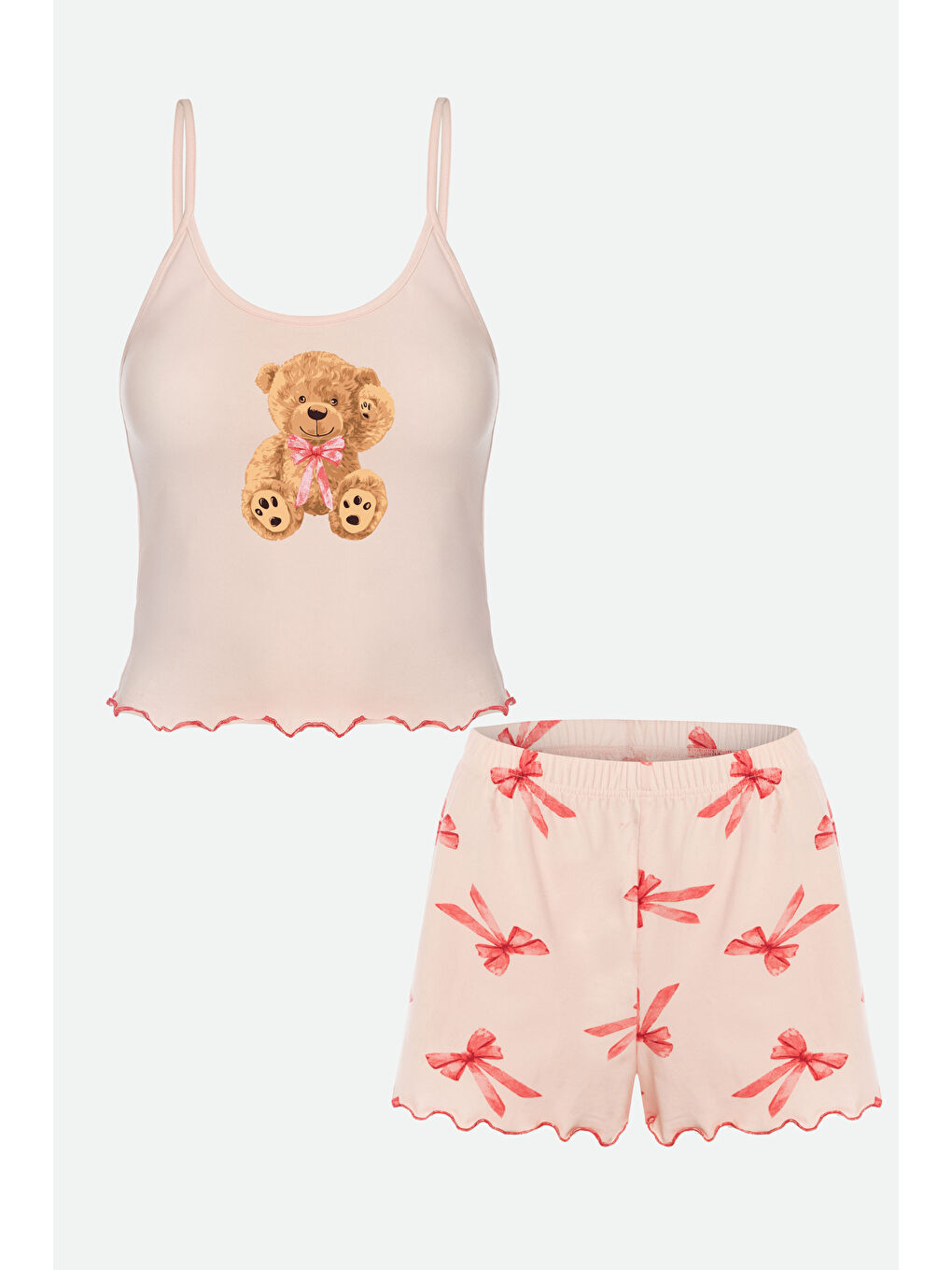 Kahverengi Kadın İnce Askılı Desenli Pamuklu Şortlu Pijama Takımı