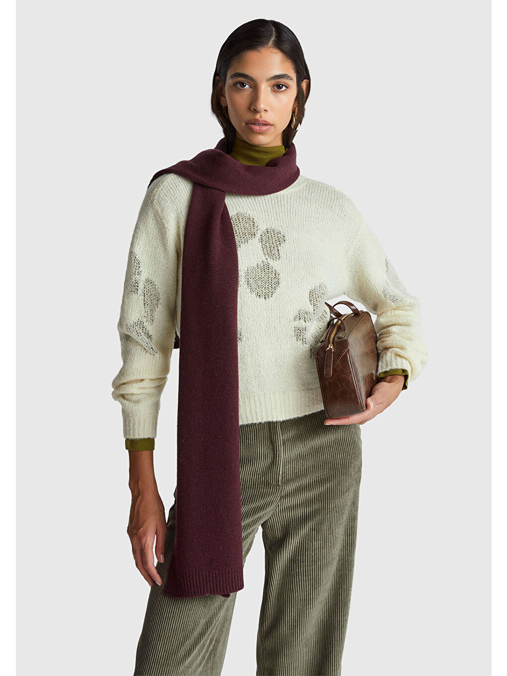 Ekru Kadın Krem Akrilik ve Yün Karışımlı Desenli Bisiklet Yaka Kazak