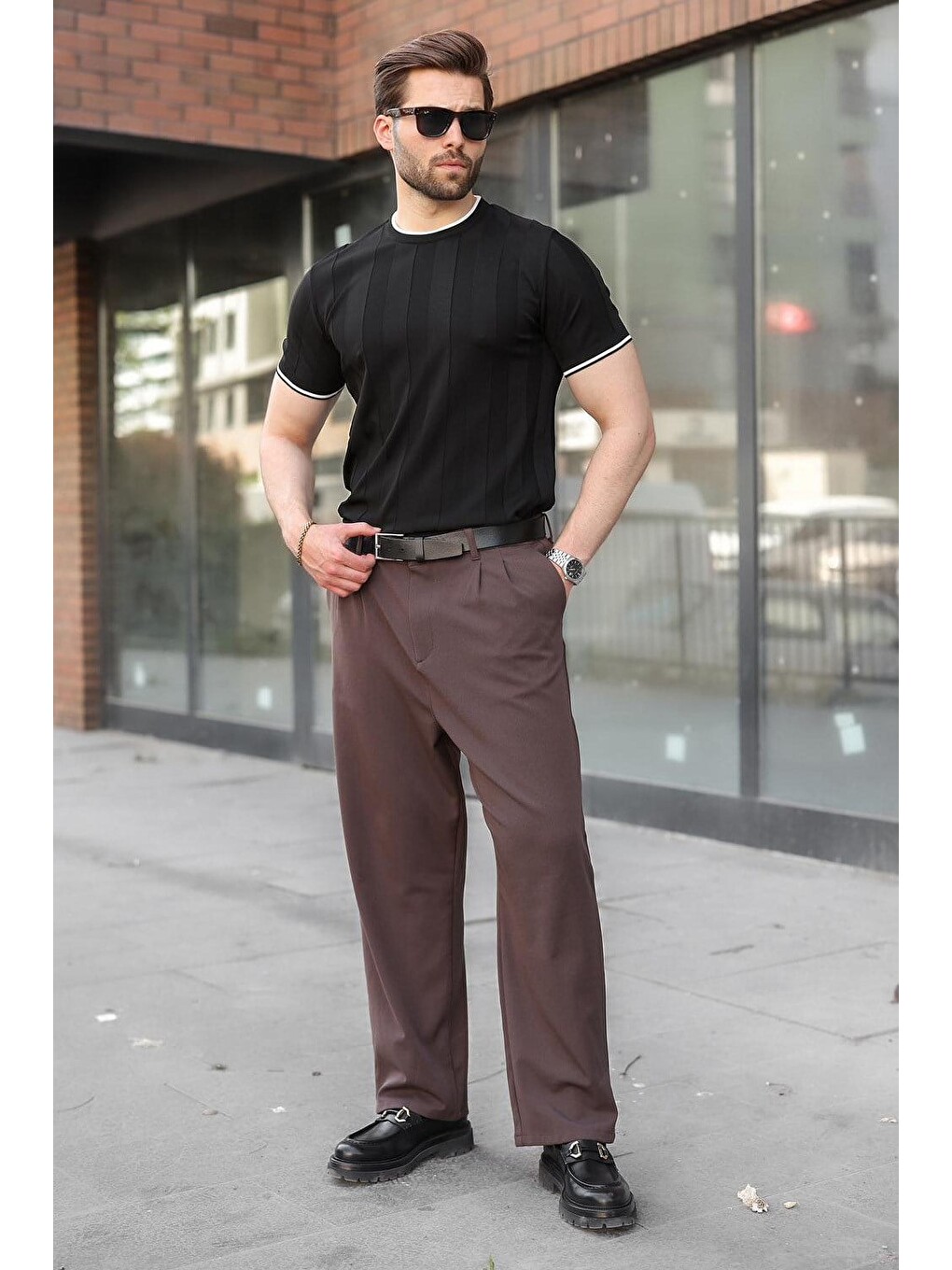 Siyah Bisiklet Yaka Regular Fit Triko Erkek Tişört E7487-4