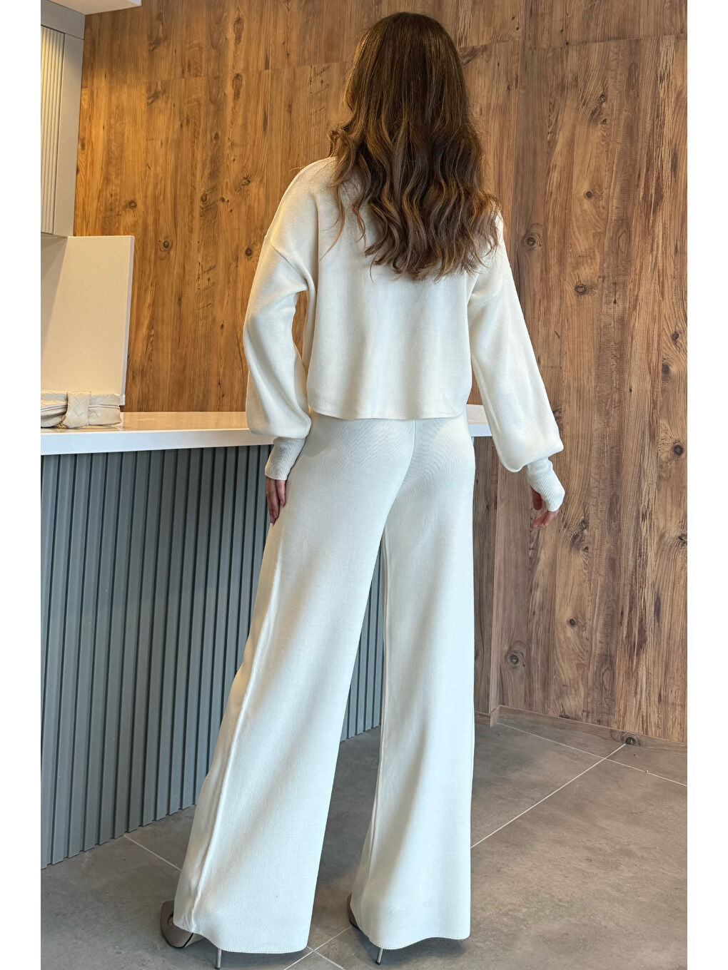 Bej Crop Kazak Pantolon Triko İkili Takım-3