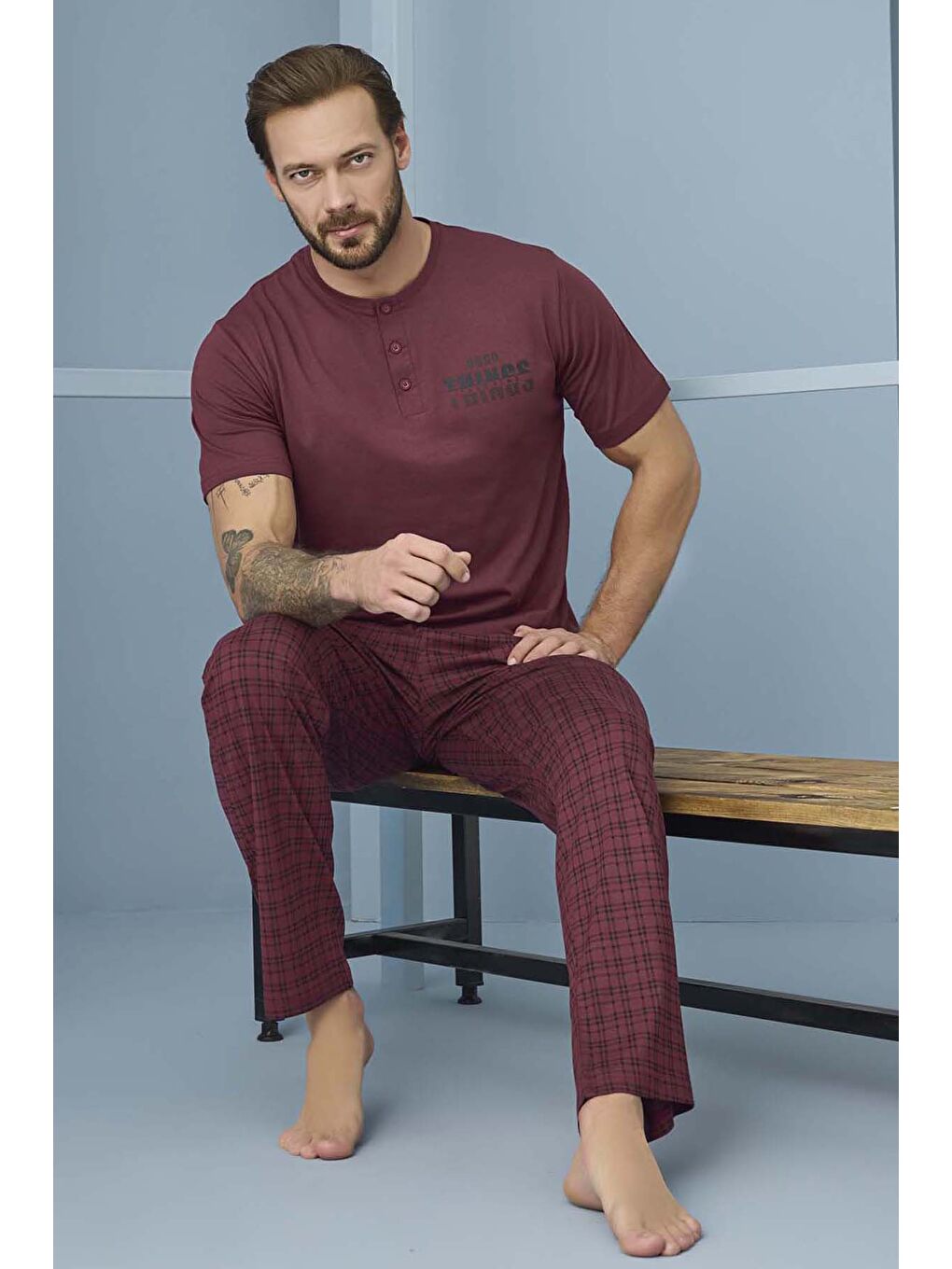 Erkek Kısa Kol Pamuklu Pijama Takımı 7969 Bordo01